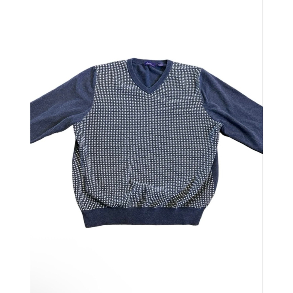 Alan Flusser Men’s Heather Navy and White Design V Neck Sweater Size X-Large - Picture 3 of 5